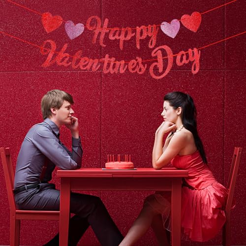 Image of Happy Valentine's Day Banner - Red Pink Glitter Valentine Banner Sign with Hearts Garland, NO DIY Required, Valentine's Day Outdoor Indoor Home Hanging Decorations
