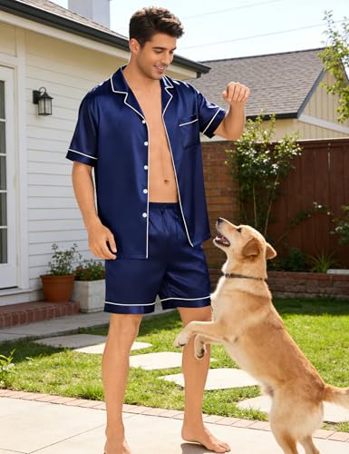 Image of SWOMOG Men Silk Pajama Set Short Sleeve Satin PJs Sets 2 Piece Button Down Sleepwear Soft Summer Loungewear with Pockets