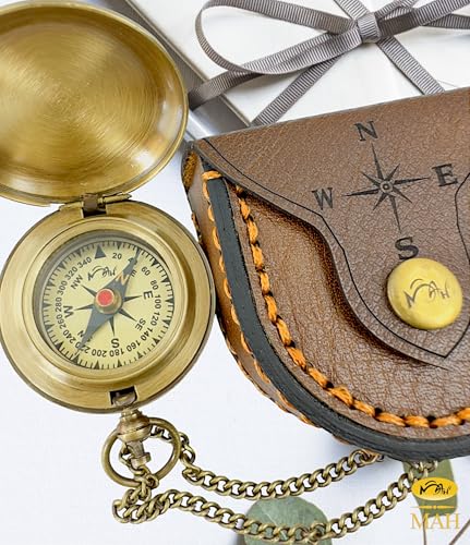 Antique Brass Compass with Chain & Hand Stitched Leather Case Personalized Rustic Nautical Keepsake Gift for Best Man Groomsmen Wedding Travel Hiking Camping Navigation Memory Token Classic Style