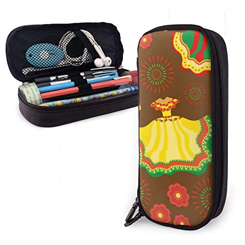 shenguang Cinco De Mayo Mexican Holiday Cute Pen Estuche para lápices de cuero 8 X 3.5 X 1.5 pulgadas Estuche para lápices Estuche para lápices con doble cremallera Estuche para escuela Ofic