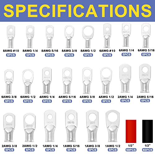 Haisstronica 220Pcs Tinned Copper Wire Lugs Kit,110Pcs Awg 8 6 4 2 1 Heavy Duty Battery Cable Lug Ends Ring Terminal Connectors,Electrical Eyelets With 110Pcs 3:1 Heat Shrink Tubing #TOP1