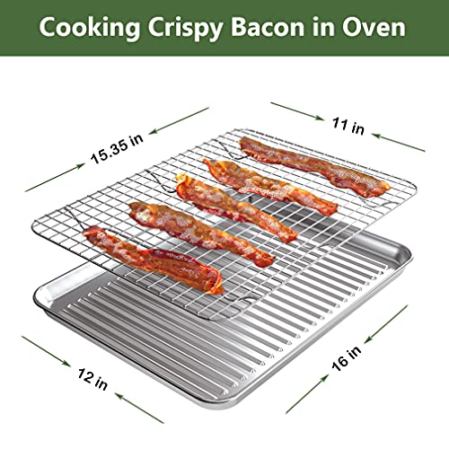 Rottay Baking Sheet With Rack Set (2 Pans + 2 Racks), Stainless Steel Cookie Sheet With Cooling Rack, Nonstick Baking Pan, Warp Resistant & Heavy Duty & Rust Free, Size 16 X 12 X 1 Inches #TOP2