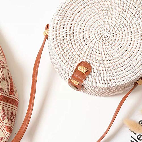 Handwoven Round Rattan Straw Bag for Women Shoulder Leather Button Straps Natural Chic Handmade Boho Bag Bali Purse3