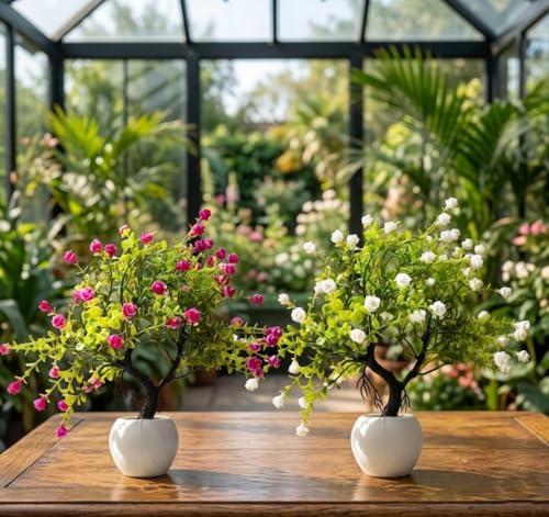 Image of Pack Of 2 , Mini Fake Flower Pot For Home Decoration Item , Artificial Flower Pot For Indoor Decor & Outdoor Decor , Office Plant Plant , Artificial Plants With Pot , Pink & White Blossom Faux Plants