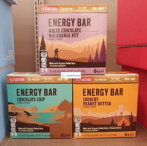 Elevation Energy Bar White Chocolate Macadamia Nut, Chocolate Chip, Crunchy Peanut Butter 14.4oz 408g (3 Boxes)