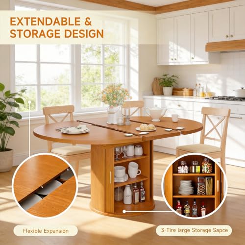 Extendable Round Dining Table: 47″–63″ Kitchen Table for 4 6 8 with Dust-Proof 2-Tier Storage Shelf Space Saving, Modern Farmhouse Expandable Wood Oval Circle Dinner Furniture with Pedestal Base - Image 4