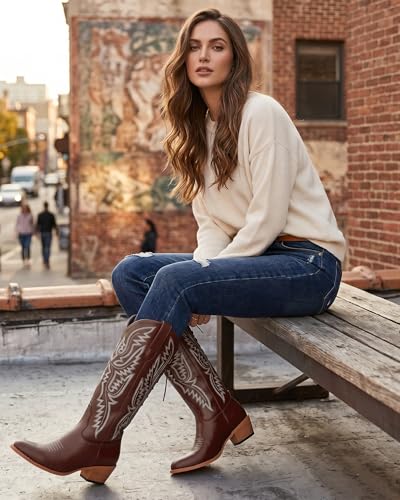 Image of Uillnoodu Wide Calf Cowboy Boots Women Adjustable Lace Up Knee High Tall Plus Size Cowgirl Boots Western Style Comfortable 2-Inch Heel