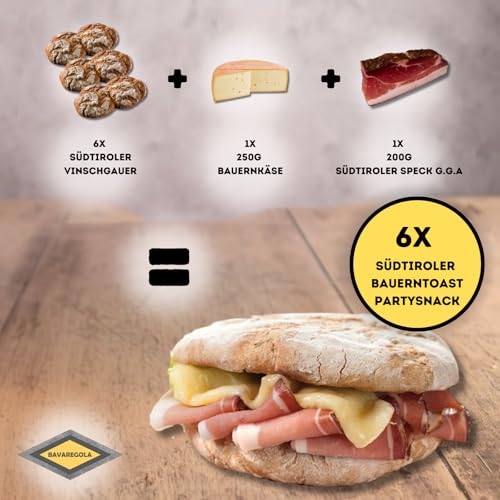 BAVAREGOLA Südtiroler Bauerntoast – Partysnack-Set mit 6 Vinschgauer Broten, 200g Südtiroler Speck g.g.A. & 250g Bauernkäse – Original Südtiroler Spezialitäten für Genießer