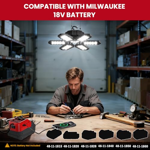 Image of LED Work Light Compatible with Milwaukee M18 Battery - 68W 6800LM Ceiling Flood Light 6+1 Deformable Panels Garage Light with Type-C & USB-A, Emergency Camping Light for Shed, Workshop, Job Site