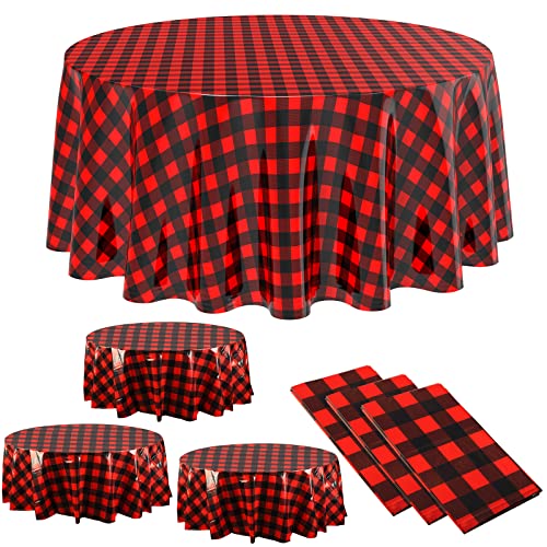 Remagr Disposable Checkered Tablecloth Round, Red and Black, 3 Pieces