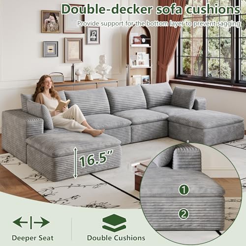 Image of 134 inch Cloud Couch Modular Sectional Sofa for Living Room, U-Shape Boneless Couch with Deep Seat, Modern Corduroy 4-Seater with Ottoman, No Assembly Required, Light Grey