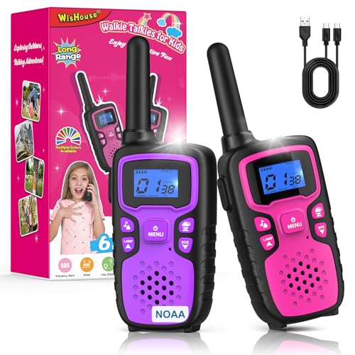 Image of Walkie Talkies for Kids Rechargeable Long Range,Xmas Birthday Gift for 4 5 6 7 8 9 Year Old Girls,Hiking Gear Camping Games Cool Toys with NOAA,SOS Siren,Lamp,Lanyards,Easy to Use,2 Pack