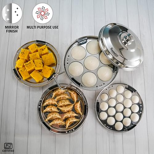 Image of Sumeet ISI Certified Stainless Steel Induction Bottom Heavy Multi Kadai with 6 Plates - 2 Idli, 2 Dhokla /Patra, 1 Momo /Modak /Steamer, 1 Mini Idli Plate - 28cm, 4.7Ltr, Silver
