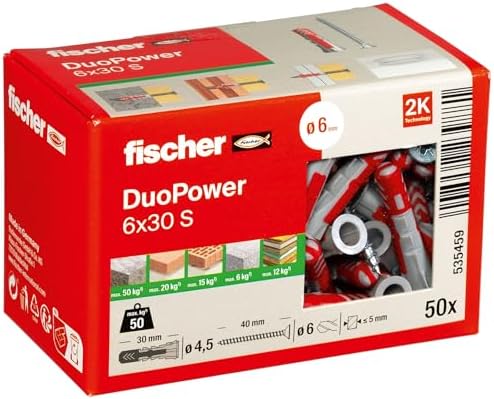 fischer DuoPower 6 x 30 S, Universaldübel mit Sicherheitsschraube, 2-Komponenten-Dübel, Kunststoffdübel zur Befestigung in Beton, Ziegeln, Stein, Gipskarton uvm., 50 Dübel + 50 Sch
