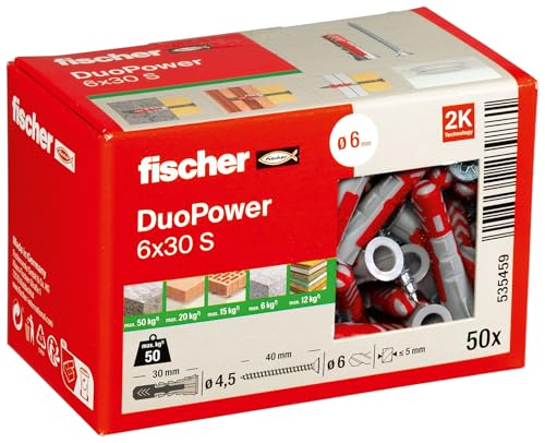 fischer DuoPower 6 x 30 S, Universaldübel mit Sicherheitsschraube, 2-Komponenten-Dübel, Kunststoffdübel zur Befestigung in Beton, Ziegeln, Stein, Gipskarton uvm., 50 Dübel + 50 Schrauben