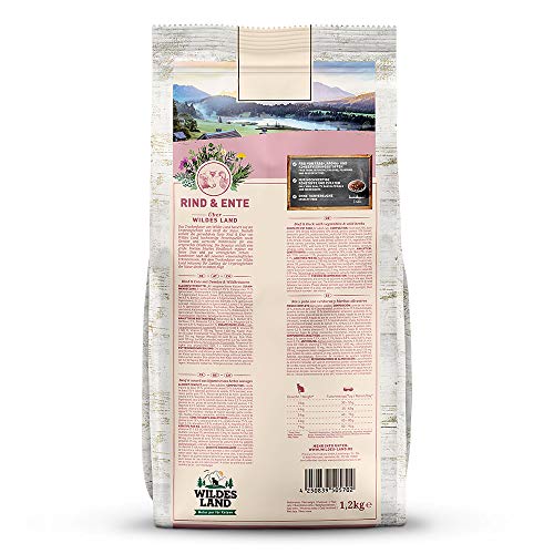 Wildes Land - 4 x 1,2 kg - Trockenfutter für Katzen - Rind und Ente - Getreidefreie Rezeptur - Hoher Fleischanteil - In Deutschland zubereitet - Hoher Eiweißanteil - Natürliche Zutaten