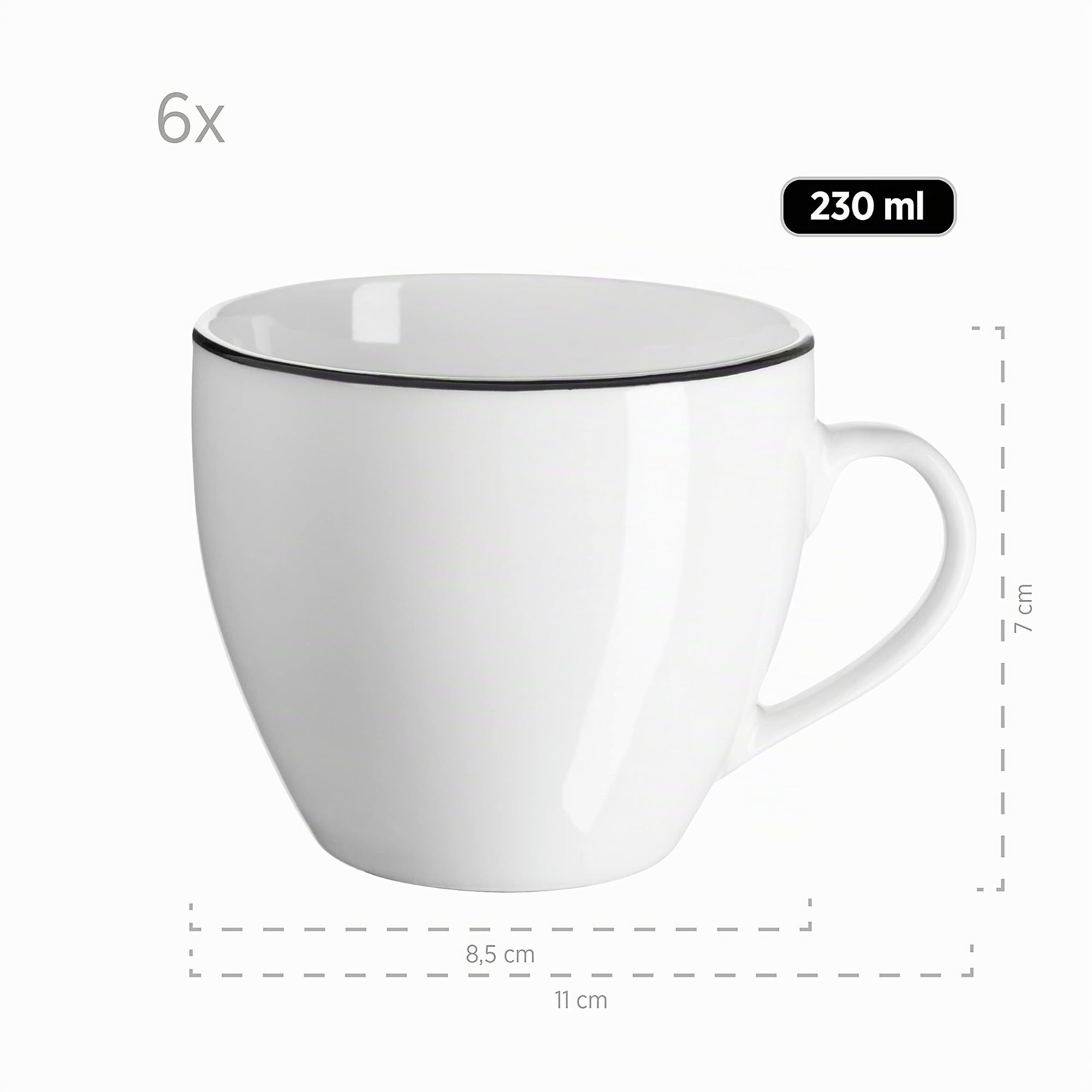 Mäser, Série Nola Service à café moderne pour 6 personnes, blanc avec bord noir, 18 pièces avec tasses à café, soucoupes et assiettes à dessert, vaisselle à café ronde, blanc
