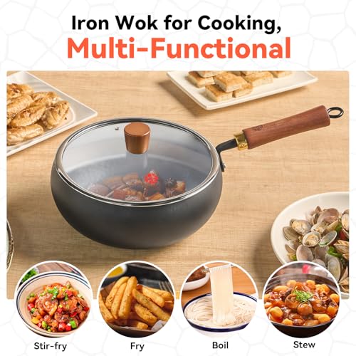 Wok de hierro forjado con base plana y tapa de vidrio miniatura 7