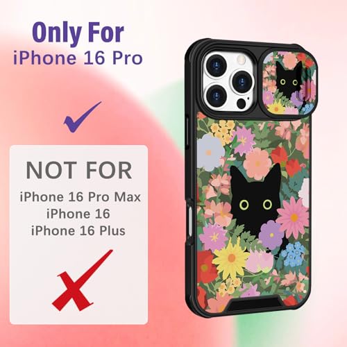 Image of Funermei for iPhone 16 Pro Case - Women Girls Cute Phone Cover Girly Pretty Aesthetic Black Cat Floral Flower Unique Design with Camera Cover Funda for Apple for iPhone 16 Pro