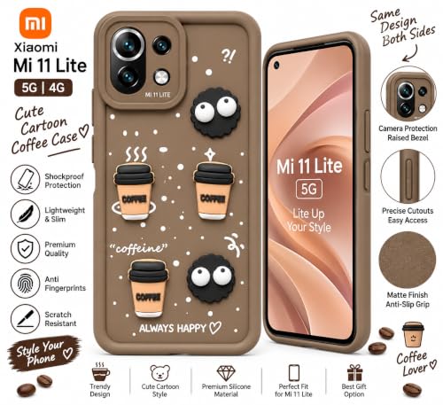 Image of Bintage Back Cover Compatible for Mi 11 Lite 4G / 11 Lite 5G NE | Cute Fun Ball | 3D Taddy Smiley Coffee | Milk Case | Full Body Protection - Brown