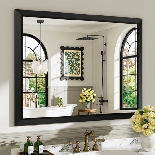 Image of 40x32 Inch Black Bathroom Mirror for Wall, Beveled Framed Rectangle Bathroom Vanity Mirrors for Over Sink, Bedroom, Living Room, Entryway, Anti-Rust, HD Tempered Glass, Horizontally /Vertically