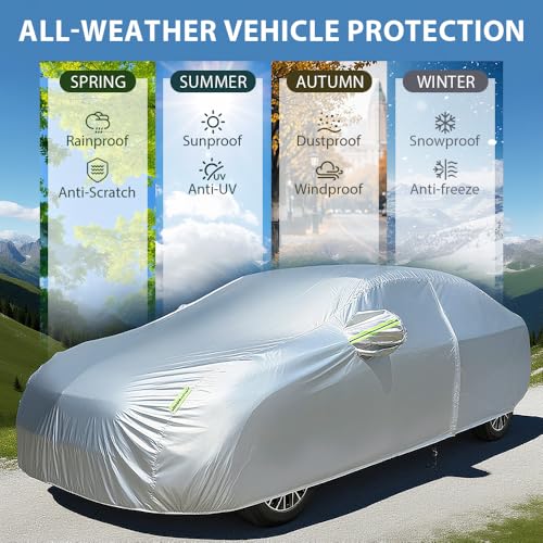 Heavy-Duty Car Cover Waterproof All Weather for Universal Sedan, Outdoor Rain Sun Snow UV Protection, Indoor Dust and Scratch Resistant 3L+ (189 * 71 * 59 inch)