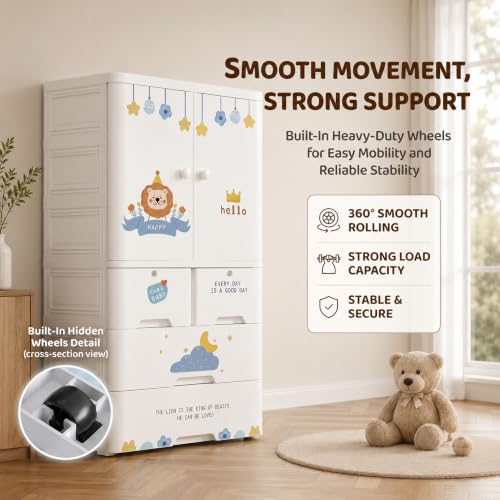Image of StarAndDaisy Kids Wardrobe /Multifunctional Collapsible Plastic Wardrobe /Almirah for Kids- Storage Cabinet - Dustproof Baby /Wardrobe Organizer for Clothes, Toys -StarLion