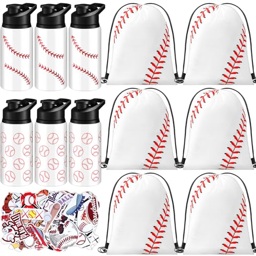 Skybooly 12 Pcs Sports Party Favors Set with Water Bottle Bulk Drawstring Gift Bag 50 Sticker Reusable Sports Aluminum Water Bottle Snap Lid Leakproof Ball Accessories for Team Gifts (Baseball)