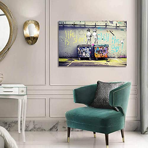 Life Is Short Banksy Wall Decor - Playing Babies Cartoon Canvas Print Wall Art For Living Room Decor #TOP3