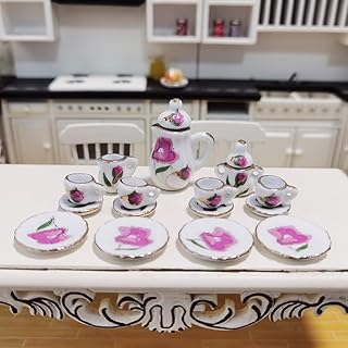 AirAds Dollhouse 1:12 Scale Dollhouse Miniature Doll House kit Porcelain Tea Set Coffee Set Pink Lily