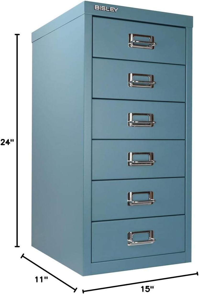 Bisley 6-Drawer Steel MultiDrawer Cabinet - Doulton Blue, Chrome Pull Handles with Label Holders, Powder-Coated Steel, Removable Drawers, Fits Under Most Desks, Labels Included