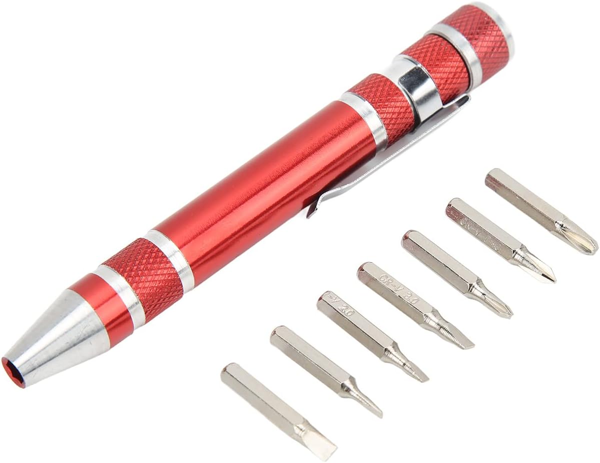 Pocket, 8 in 1 Mini Hand Pen Magnetic Multipurpose Tool with 8 Interchangeable Bits, for Fine Screws Jewelers Hand Work Office Gadgets (Red)