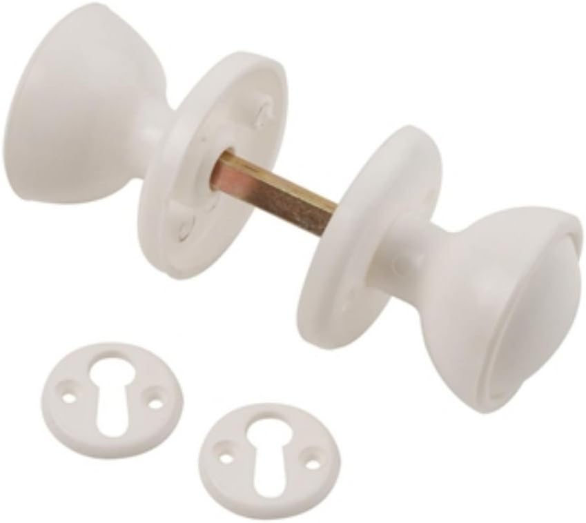 White Plastic Mortice Rim Door Knob Set with Escutcheons (Keyholes)