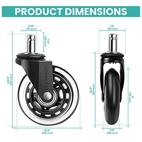 Wheels Zilla Office Chair Casters, Pack Of 5, 3 Inch Heavy Duty Replacement Rubber Wheels For Desk & Gaming Chair Are Easy To Install & Suitable For All Floor Types Including Carpet & Wood Floors #TOP1