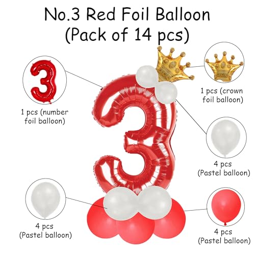 Image of Red 3 Number Foil Balloon with Crown & Base Balloons | 32 Inch Helium Supported for Birthday, Anniversary, Baby Shower Decoration - Pack of 14
