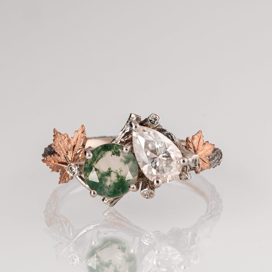 Natural Moss Agate Ring for Women 925 Sterling Silver Green Agate Promise Ring with Vine Leaf Engagement Wedding Jewelry Gift for Women Free Engraving-A7.5