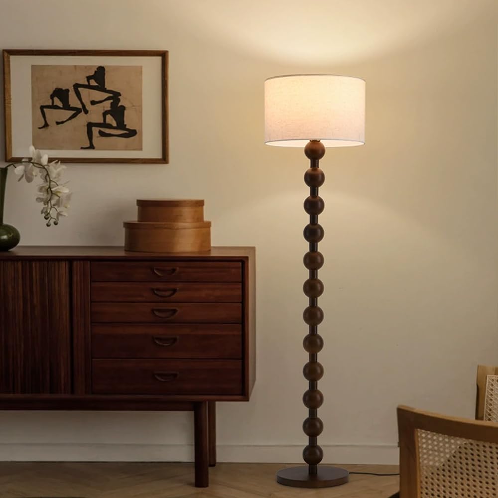 Lámpara De Pie Wabi-sabi De Madera De 62,2" Con Base De Lino Y Nogal. Lámpara De Pie Redonda De Tela Con Atenuación E26 Para Sala De Estar, Estudio, Dormitorio Y Pasillo.