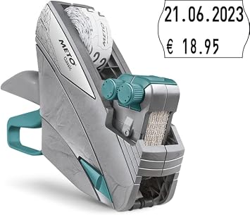 Meto Classic M Labeling Machine - 2 Line, 20 Digit Labels (26 x 16 mm), Silver and Green, Black Ink, 200 Dpi, Ready to Use