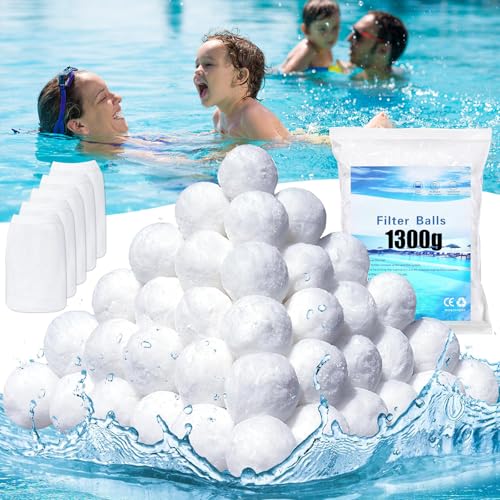 Bolas Depuradora Piscina 1300g Bolsas de Filtro Filtrantes Algodón Poolfilterball Pelotas Reemplazar 46 kg de Arena de Filtro + 5 Calcetines Skimmer para Sistema de Filtro Piscina, Bomba de Filtro