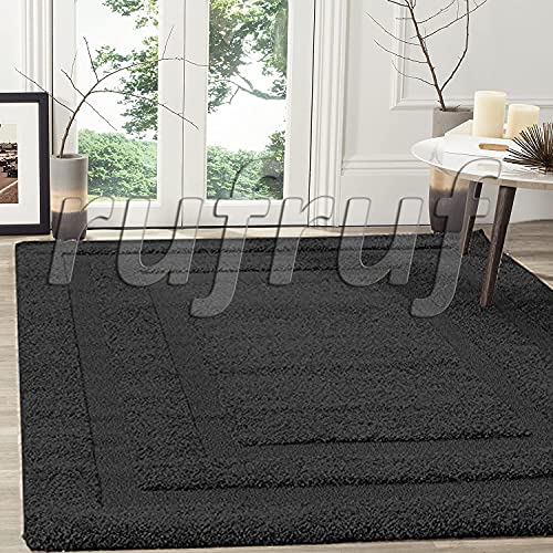 Image of Rectangular Box Shaggy Carpet for Living Room, Bedroom, High Low Design Finish Microfiber 1.8 Inch Pile High, 5x8 Feet Black|Black Color