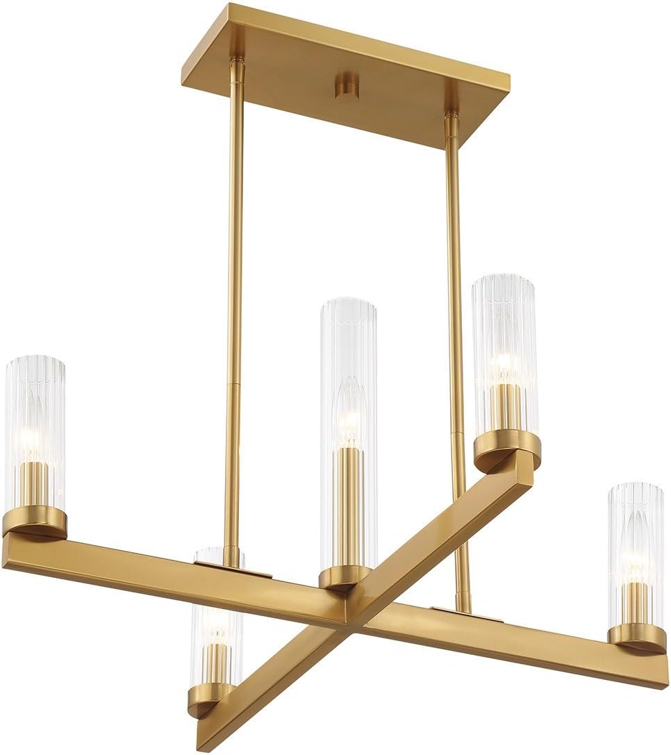 Savoy House Carina 24 in. W x 12 in. H 5-Light Warm Brass Chandelier with Clear Ribbed Glass Shades and No Bulbs Included 1-2634-5-322