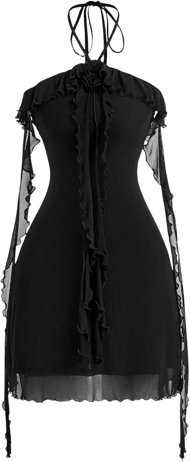 GORGLITTER Women's Flower Strapless Halter Bodycon Mini Dresses Elegant Classy Y2K Mesh Tassel Backless Summer Sundress