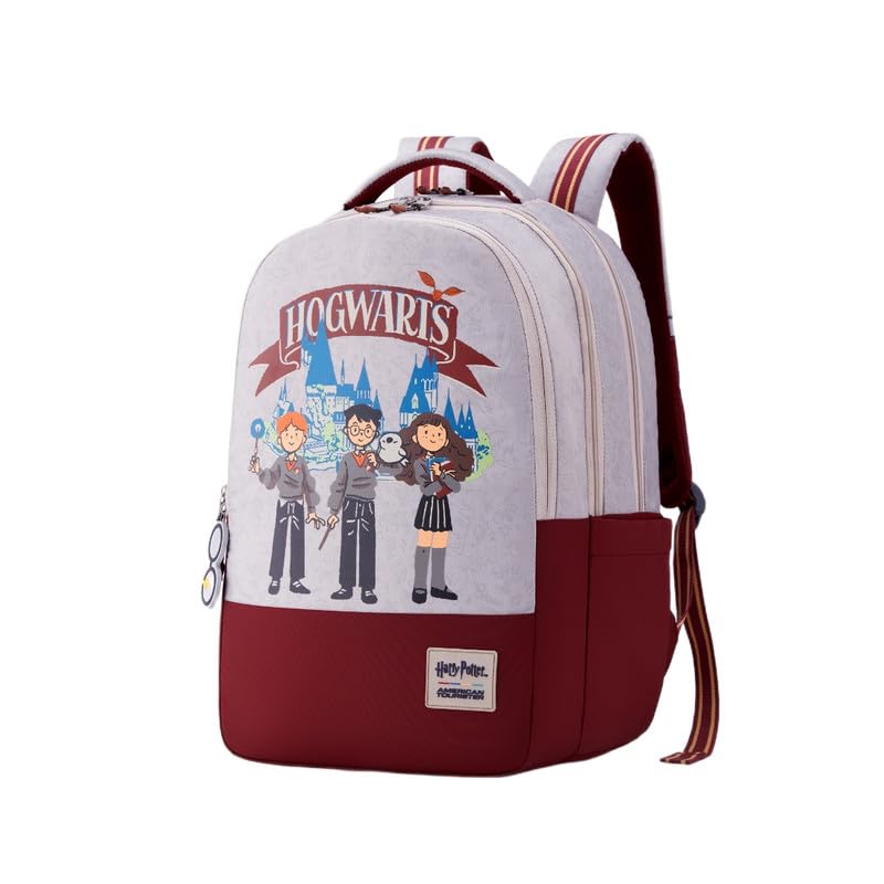 Harry Potter x American Tourister Hogwart Illustration Backpack | 33L School Bag for Girl and Boy | Multiple Compartment |AT Playunique - Harry's Specks Charm Puller | Beige | 1 Year Global Warranty
