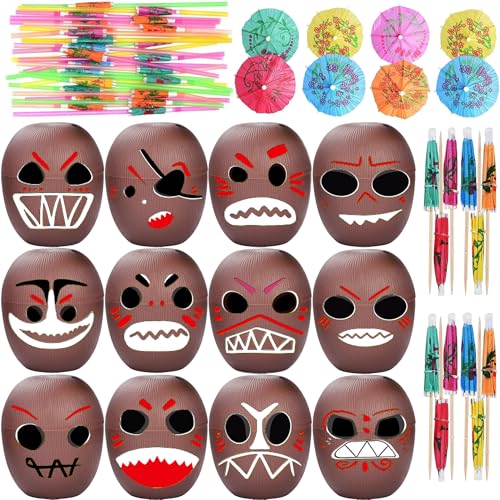 Haundry 12 Pack Coconut Cups with Straws Cocktail Picks and 12 Stickers DIY Hawaiian Cups Tropical Luau Tiki and Beach Party Decoration