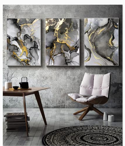 Tableaux muraux pour salon Gris doré Fluid Art 3PCS 40x60cm sans cadre Marbré 2