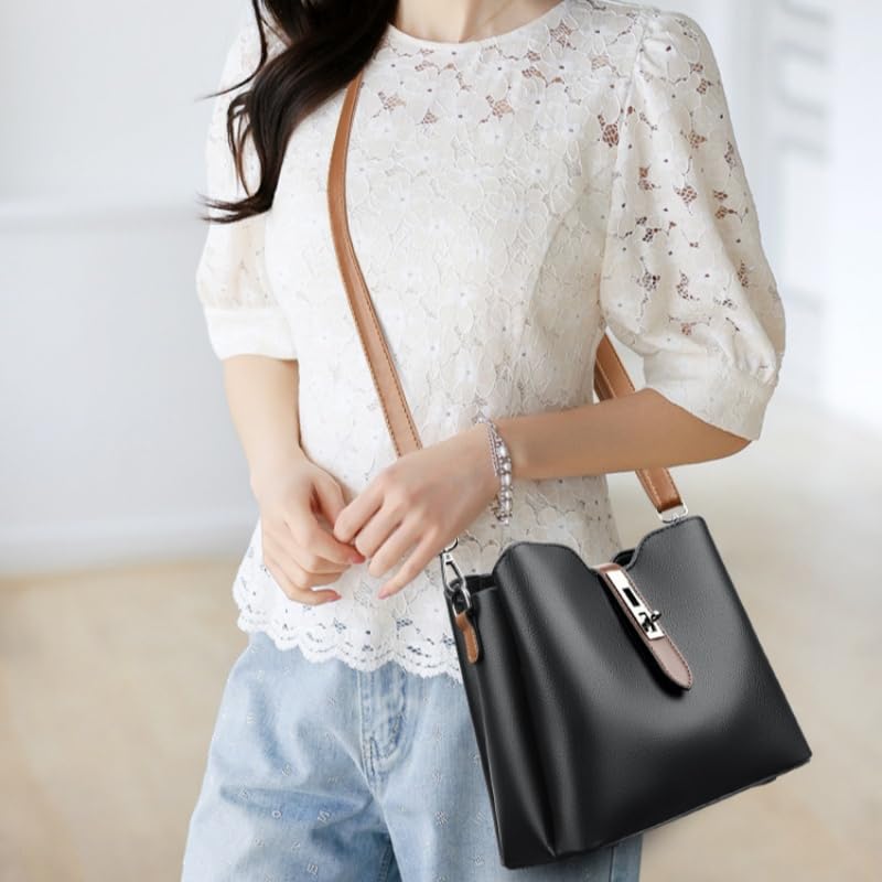 Large Capacity PU Leather Bucket Handbag,Trendy Versatile Shoulder Satchel,Multi Pocket Crossbody Bag with Wide Strap4