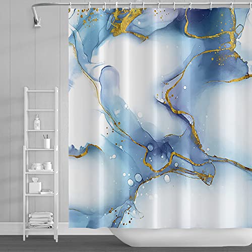 SDOTPMT 180x180cm Azul Blanco Mármol Cortina de la Ducha Elegante Textura Dorado Polvo Remolino Cortina de baño Abstracto Cortina bañera para niños Baño Tela Poliéster con Ganchos