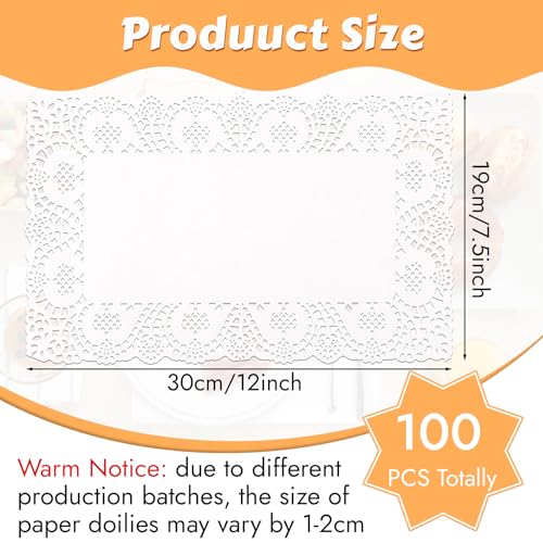 Svalor 100 Pieces Rectangle Paper Doilies, 7.5×12 Inch Doilies for Food, Disposable Lace Paper Doilies for Tables, Paper Placemats Bulk for Cakes Desserts Crafts (White) - Thumbnail 2