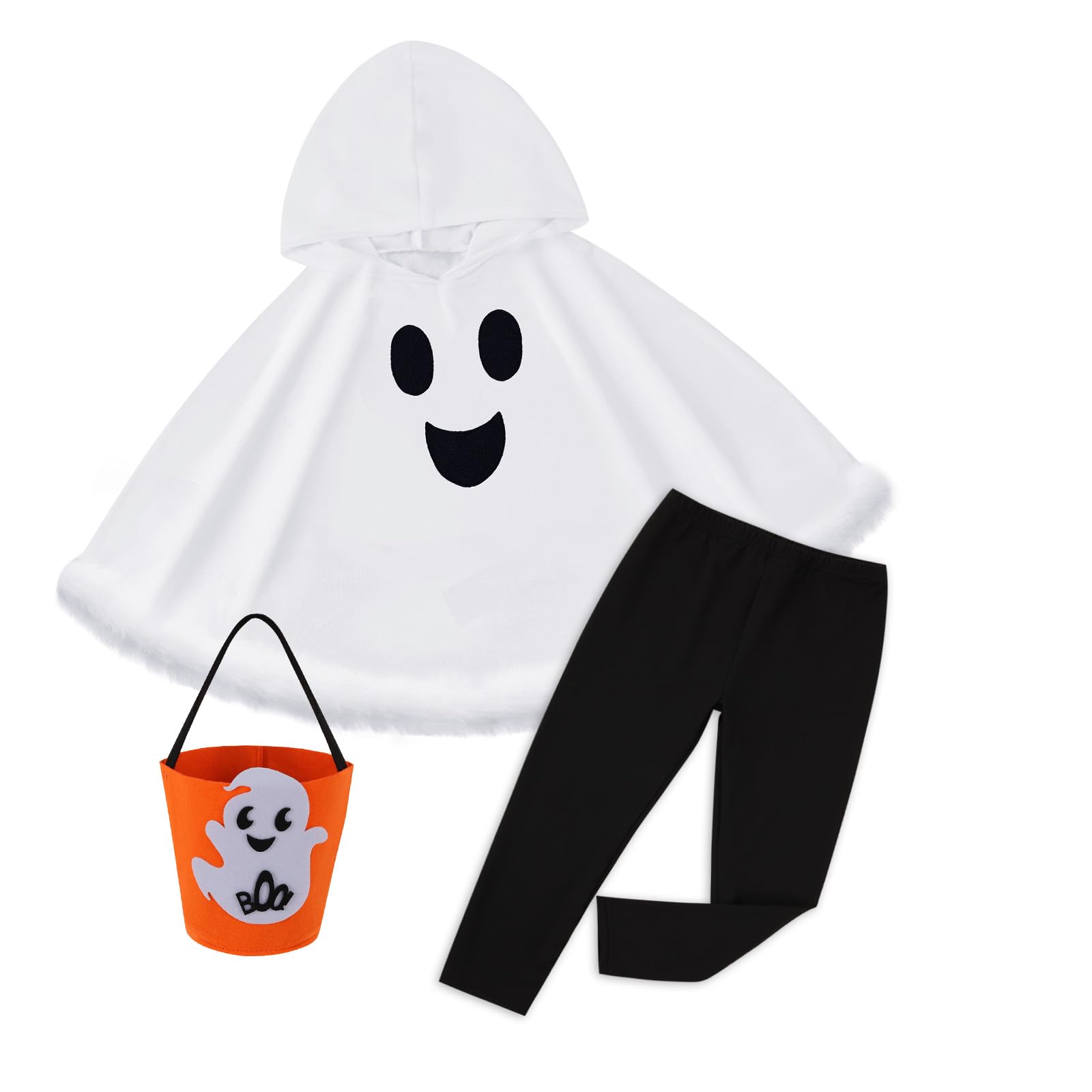 Toddler Baby Boys Girls Ghost Costume Kids Halloween Ghost Face Hooded Cloak Costume Party Boo Ghost Outfit for ages 5-6 Years,White Cloak+Pants+Pumpkin Basket Set