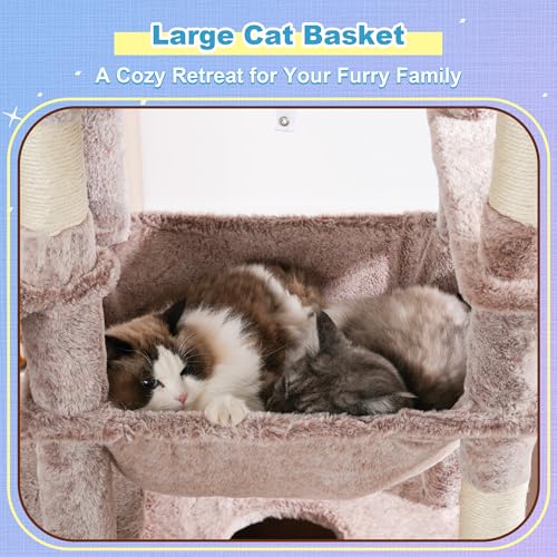 Image of Hey-brother Cat Tree Tower, Scratching Posts with Extra Large Platform and Basket, Specious Condo, 2 Cozy Hammocks, Scratch Board for Indoor Adult Cats, Maine Coon 71.7 inches, Muchroom MPJ080MU